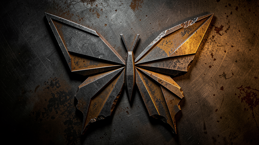 Abstract metal surface with butterfly wing geometric shapes in charcoal and amber