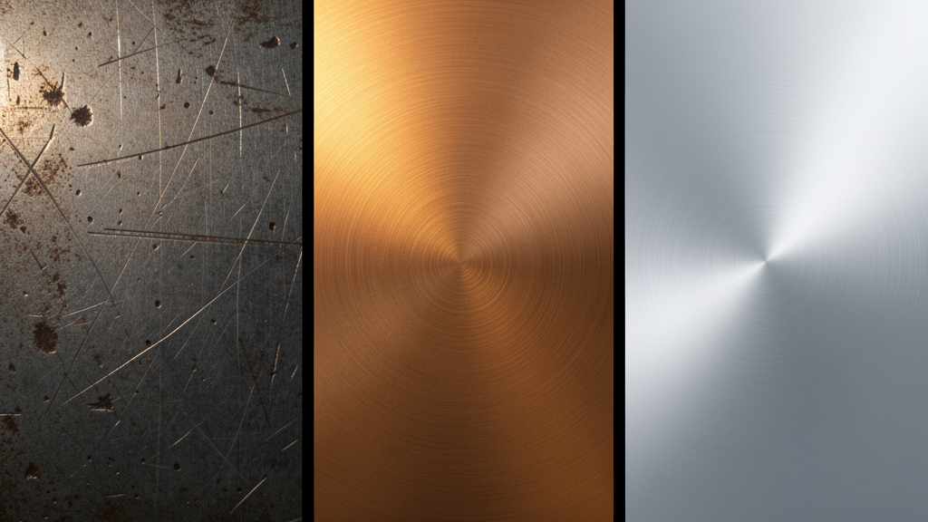 Three-panel abstract metal surface showing rough dark steel, warm bronze surface, and precision satin finish