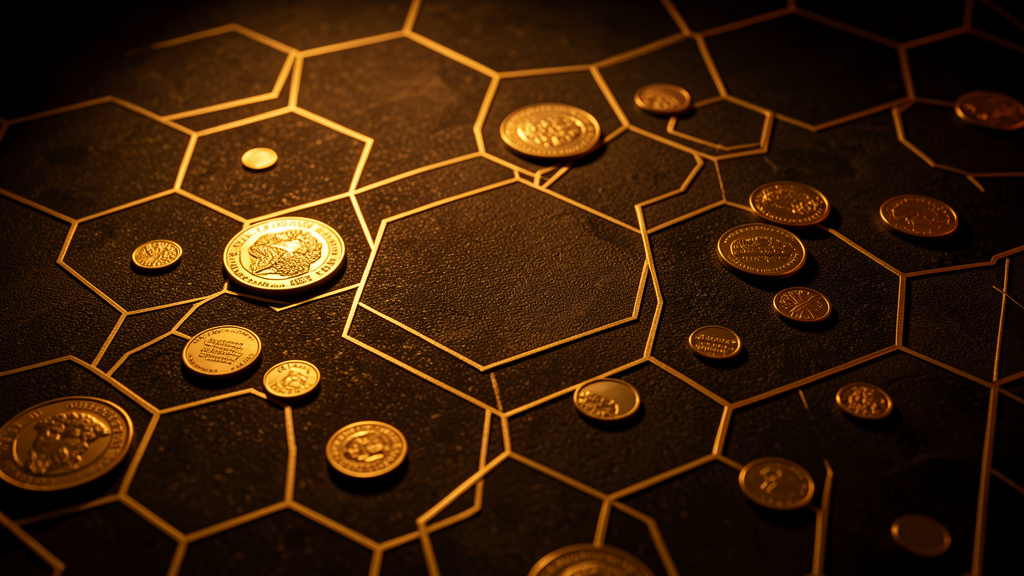 Warm amber abstract with geometric hexagonal patterns and scattered golden circle elements on dark surface