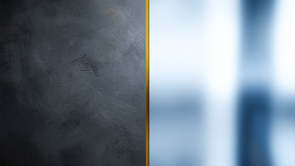 Split composition of dark patinated tool steel and bright polished stainless steel surfaces
