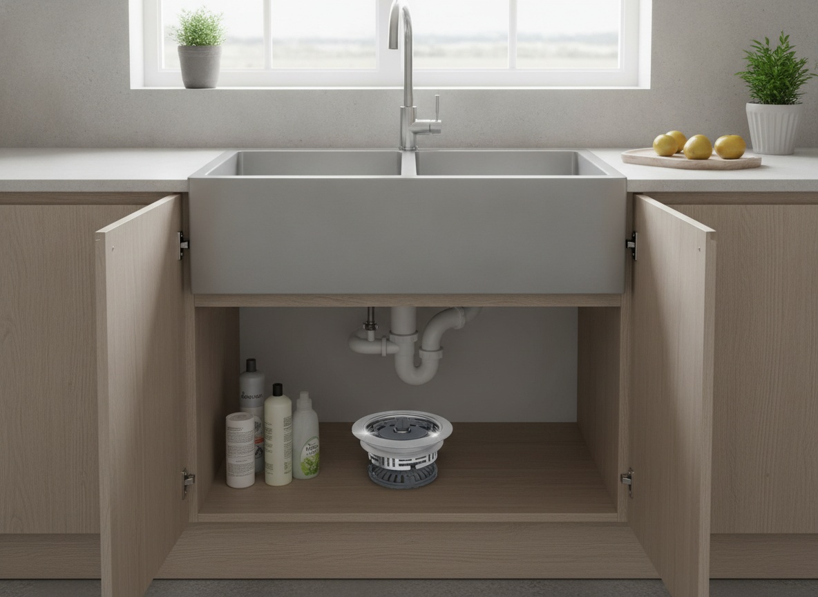 Kitchen sink with installed Hibbent pop-up stopper and open cabinet showing the under-sink drain assembly