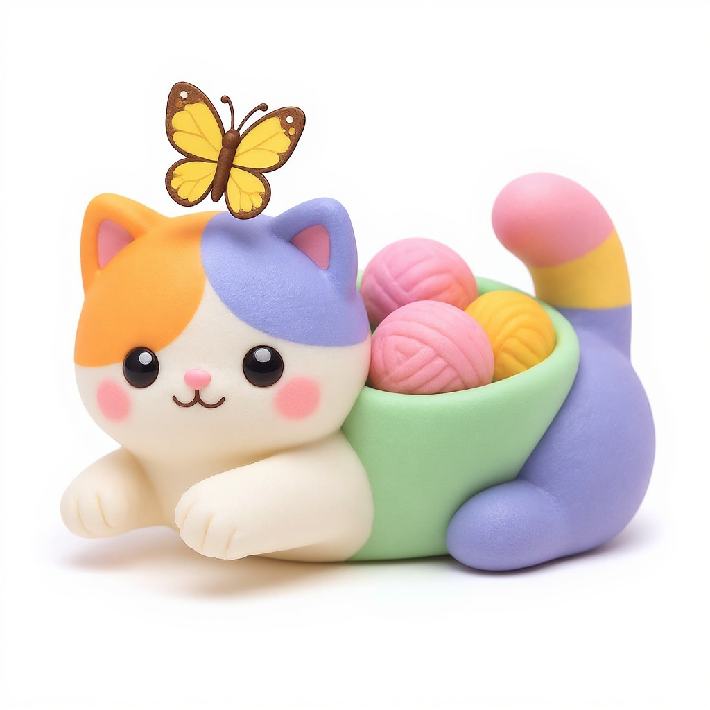 Glitter Kitty — Glitter Kitty is a rounded multi-colored squishy cat reaching a playful paw toward a fluttering butterfly.