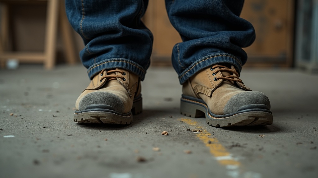 Botas de trabajo con punta de acero sobre piso de concreto en almacén