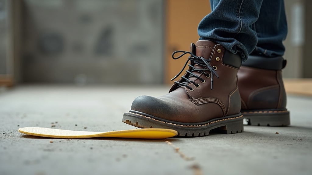 Plantillas de gel para botas de trabajo sobre suelo de obra