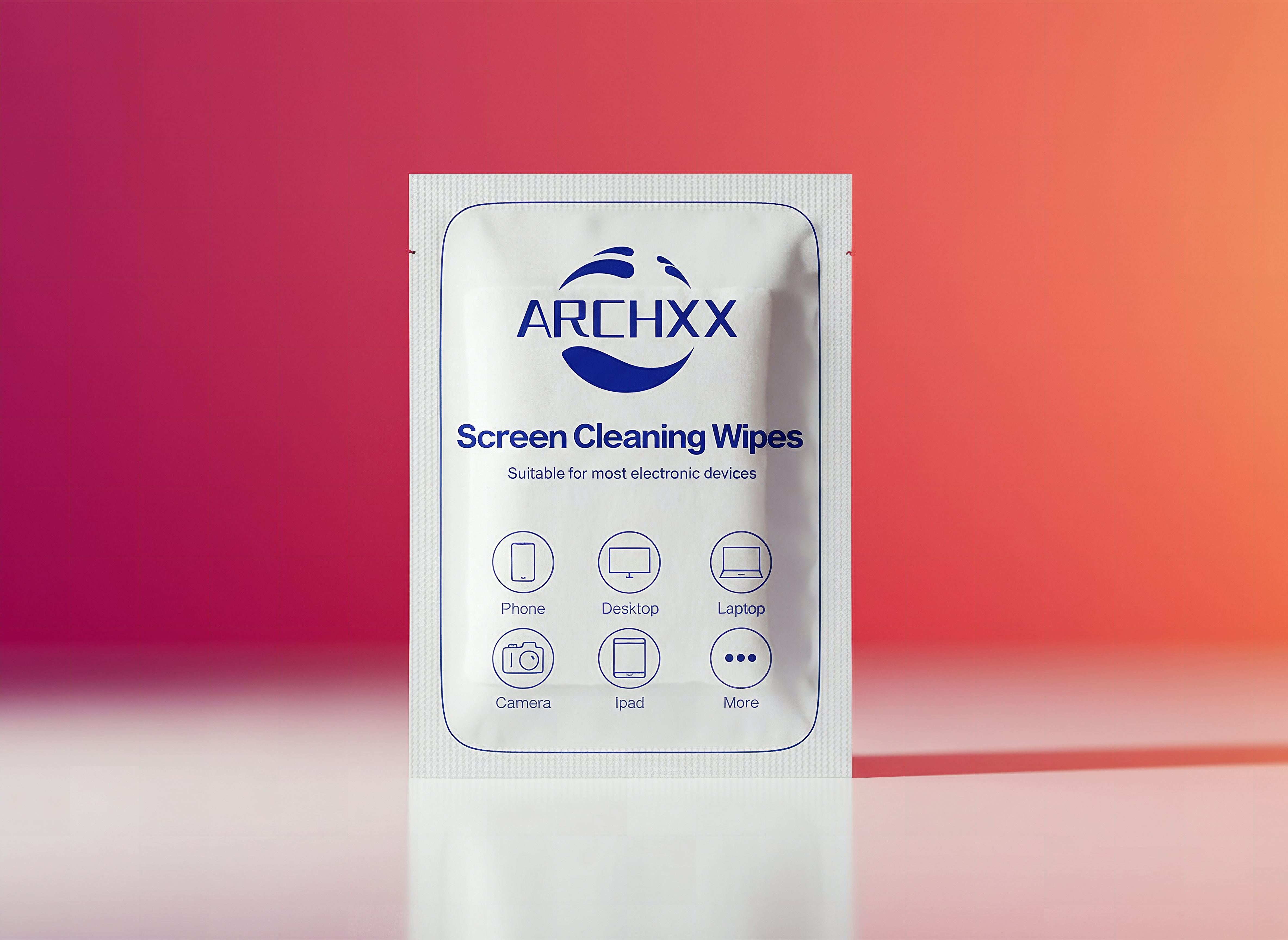 Single ARCHXX screen wipe in individual wrapper shown in extreme close-up with shallow depth of field