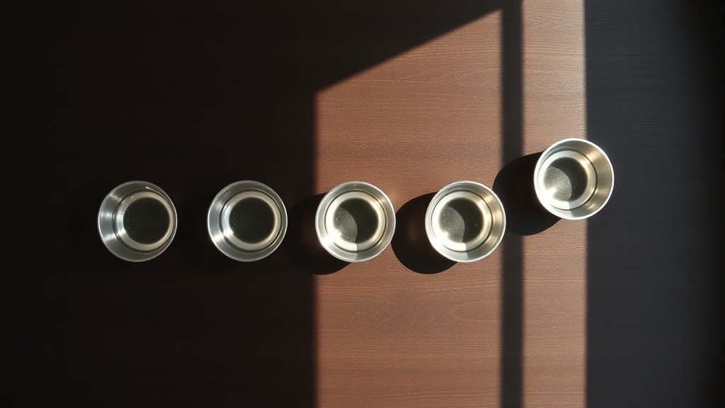 Seven traditional Buddhist offering bowls filled with water arranged on a wooden altar surface