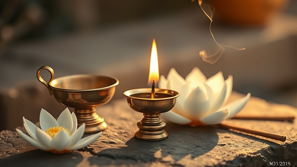 Brass Buddhist oil lamp lit beside a white lotus flower and burning incense on a stone altar
