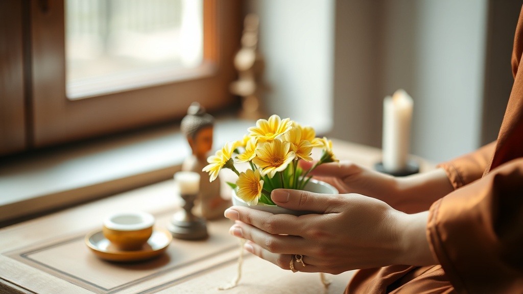 Hands placing fresh flowers on a home Buddhist altar as a devotional offering