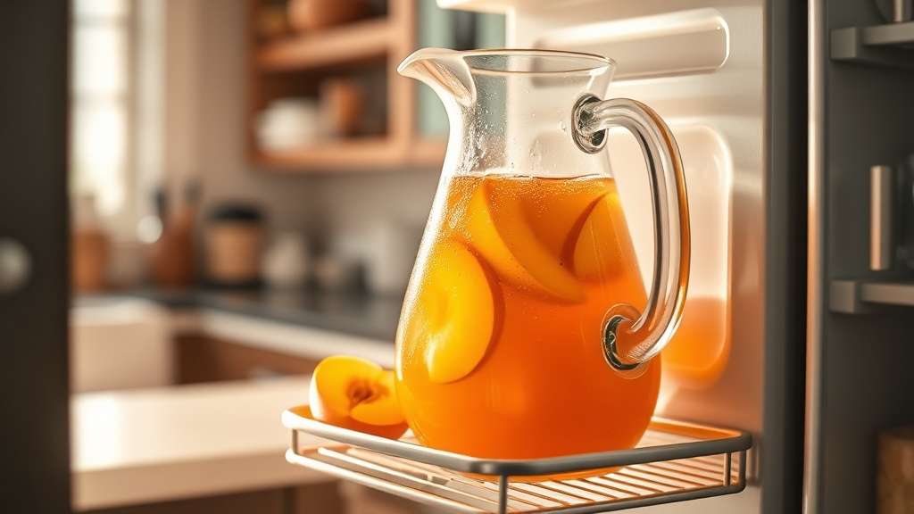 Carafe en verre de thé glacé pêche posée sur la porte du réfrigérateur, tranches de pêche visibles
