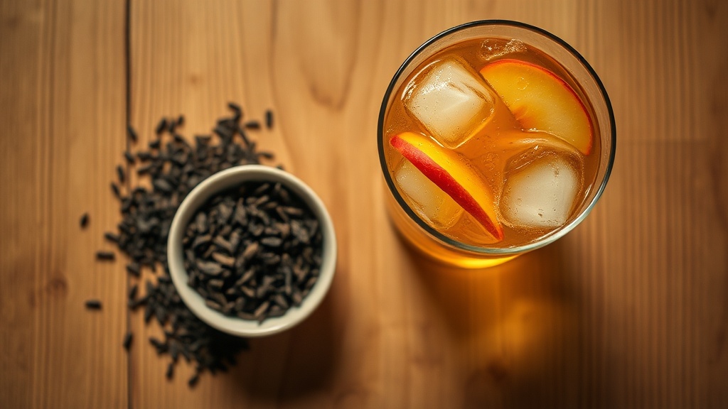 Feuilles de thé en vrac dans un bol en céramique à côté d'un verre de thé glacé doré avec des tranches de pêche