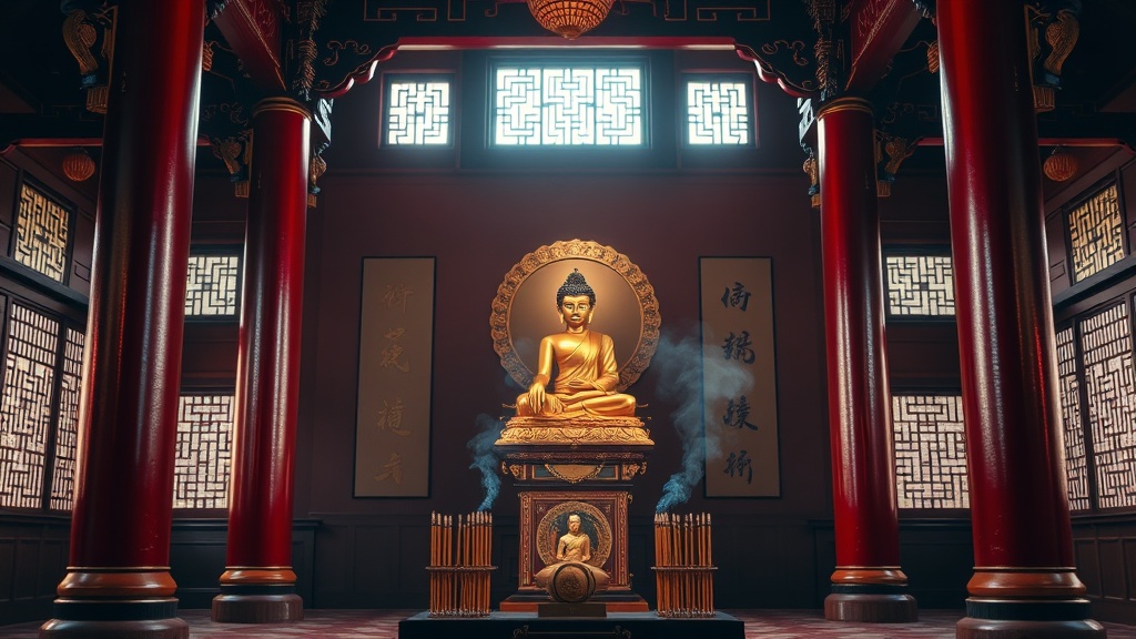 Salle principale d'un temple Chan avec statue de Bouddha Shakyamuni dorée et colonnes laquées rouge