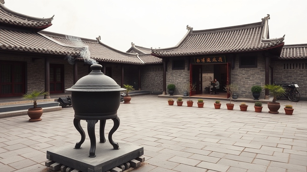 Cour intérieure du temple Caoxi avec brûle-encens en fonte et toitures à tuiles vernissées