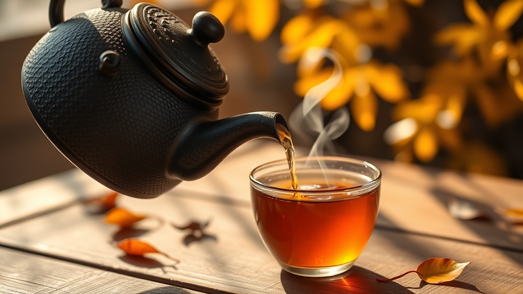 Théière en fonte versant du thé dans une tasse en céramique, vapeur visible