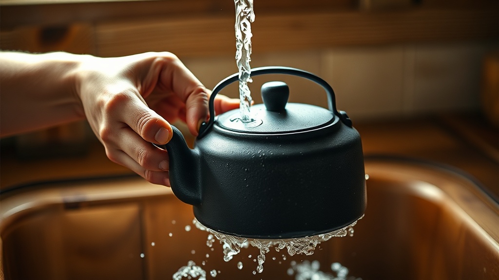 Rinçage d'une théière en fonte brute sans émail à l'eau claire, sans savon