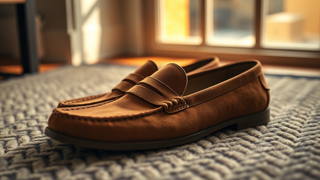 Tan suede penny loafers on a herringbone rug, a cornerstone of old money grandfather style footwear