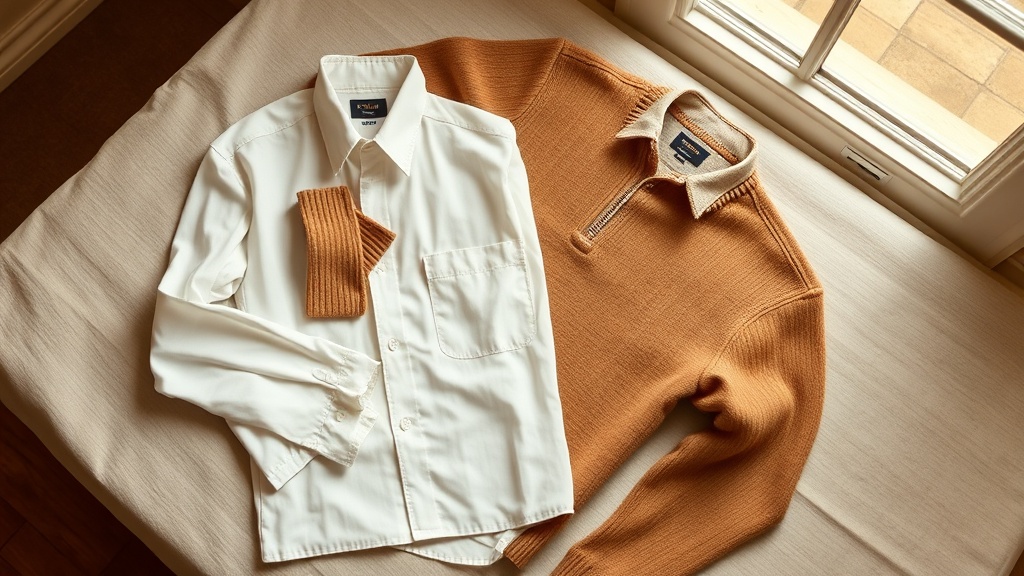 Camel cashmere half-zip sweater alongside a white oxford shirt, classic old money grandfather style layering