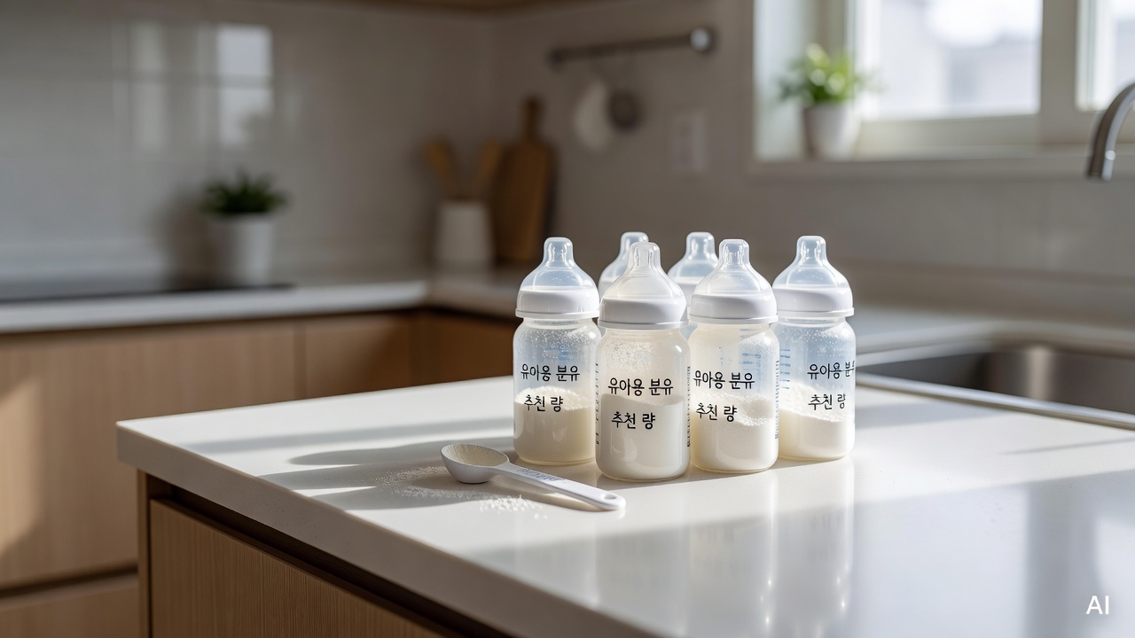 baby formula bottles and a small measuring spoon arranged on a white kitchen counter