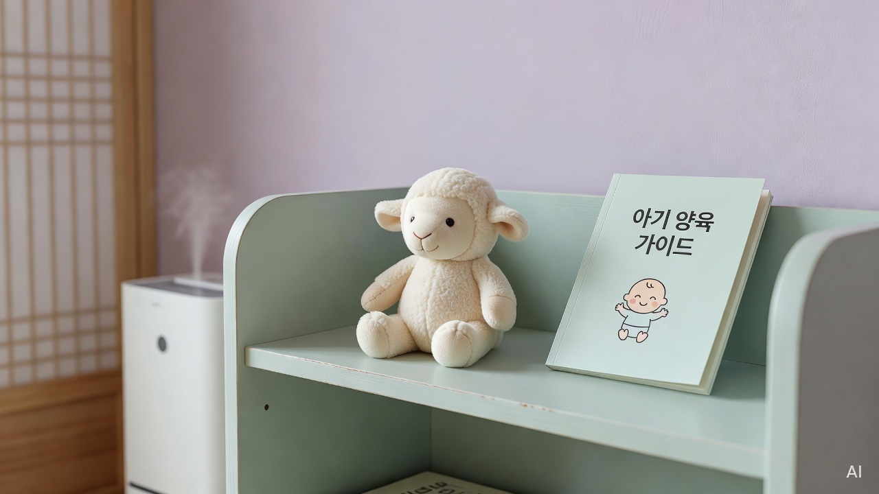 small soft baby toy and a baby care book placed on a pastel-colored nursery shelf