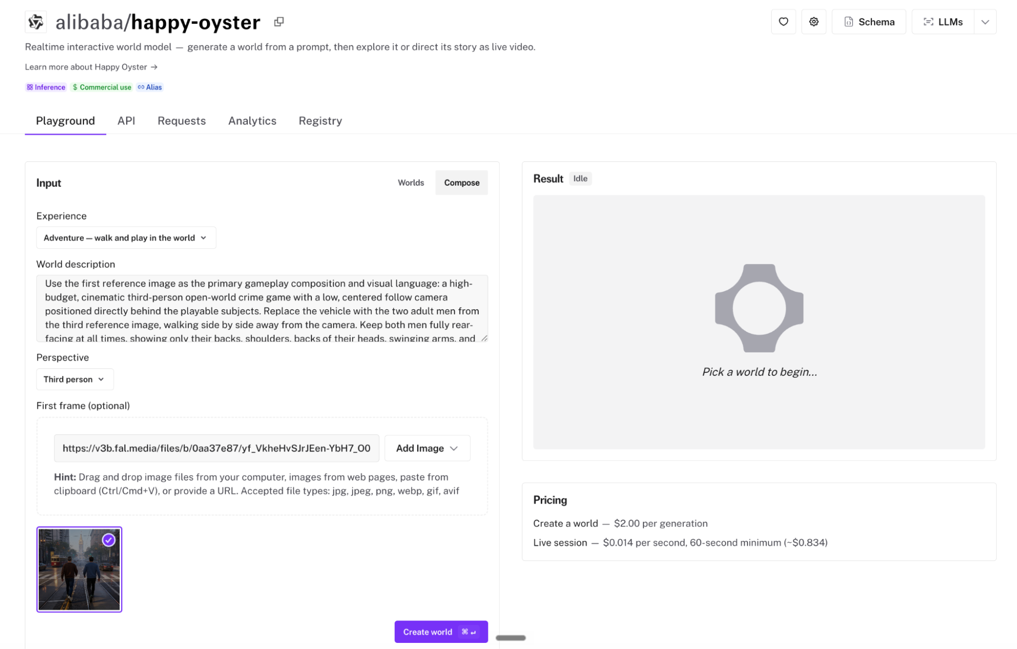 Happy Oyster playground with world description and first-frame reference