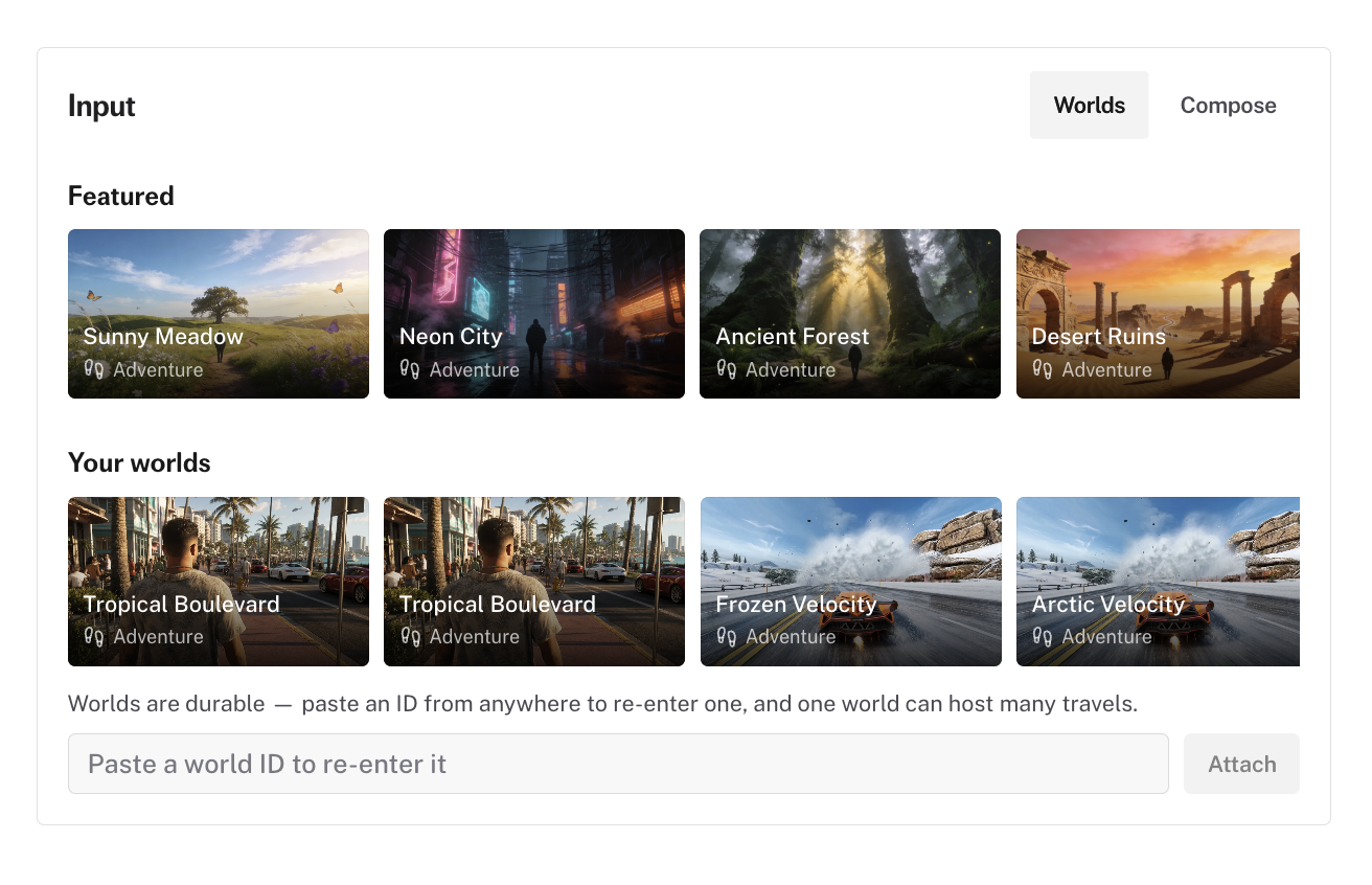 Featured worlds in the fal Happy Oyster world model creator