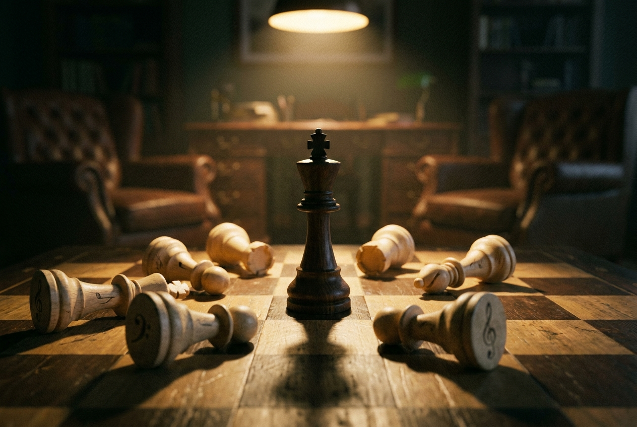A chess board where one remaining black chess piece (a king) stands alone facing multiple white pieces, with musical notes etched into the chess pieces, dramatic lighting from above casting long shadows