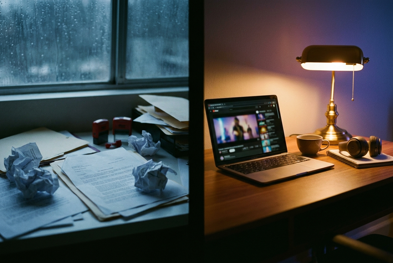 A split screen showing chaos on the left side with tangled legal documents, gavels, and warning symbols, and on the right side a calm creative workspace with a musician's laptop showing a vibrant AI-generated music video, warm ambient lighting