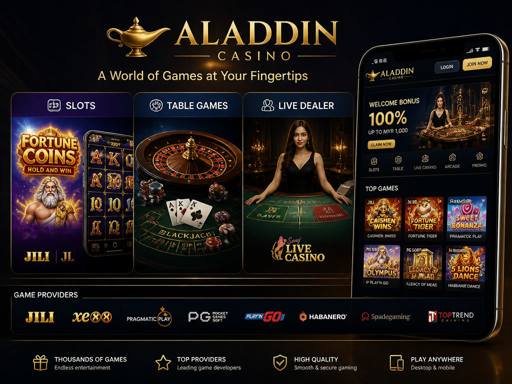 Photo-realistic image illustrating the topic of the article section "Game Selection at Aladdin Casino Malaysia" (about the online casino brand "aladdin casino"): Describe the variety of games available (slots, table games, live dealer). Mention top providers like Jili, Xe88, and others. Focus on the breadth and quality of the game library.