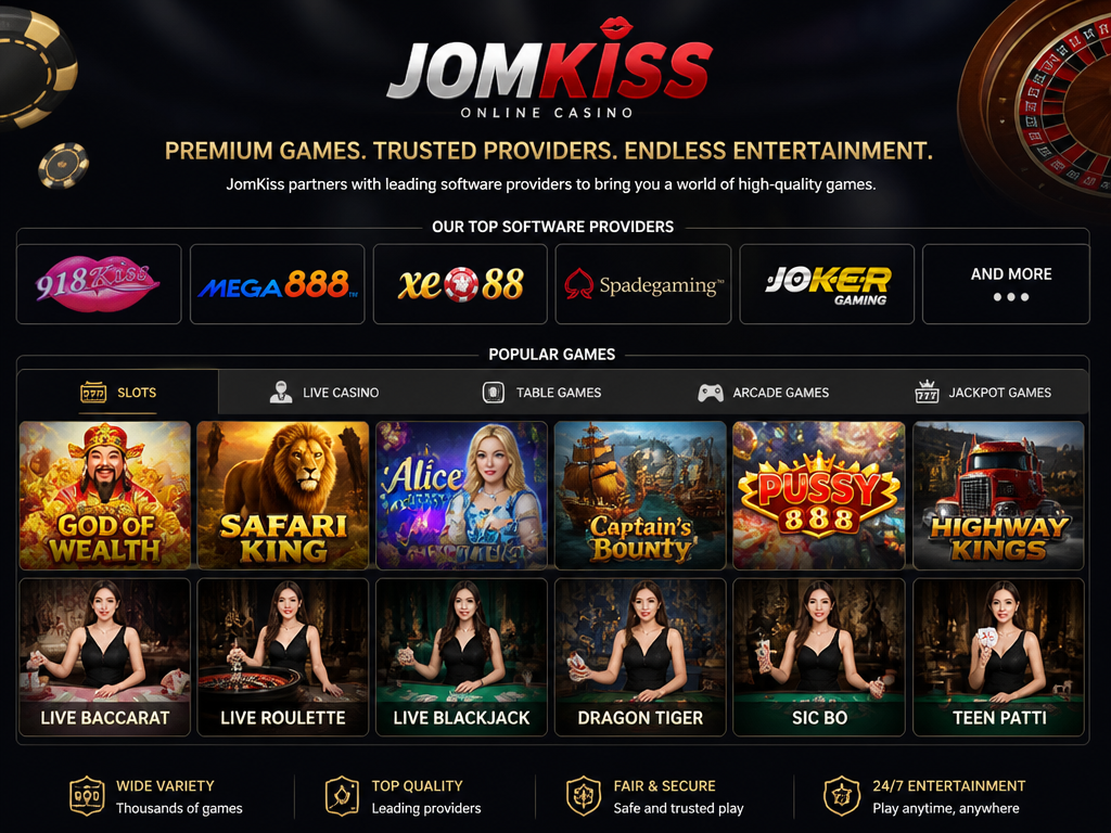 Photo-realistic image illustrating the topic of the article section "Game Selection and Software Providers at JomKiss" (about the online casino brand "jomkiss online casino"): State the software providers powering JomKiss (e.g., 918Kiss, Mega888, Xe88, Spadegaming). List popular games (slots, live casino, table games). Emphasize variety and quality. Covers gap: no mention of specific game providers.