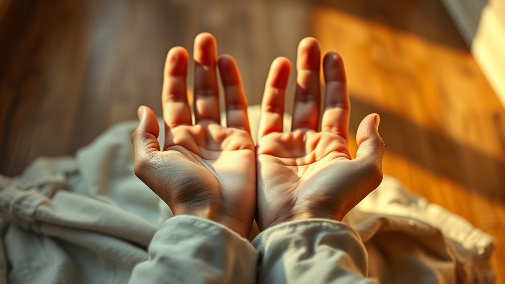 Mains ouvertes paumes vers le haut lors d'une séance de reiki, lumière dorée naturelle