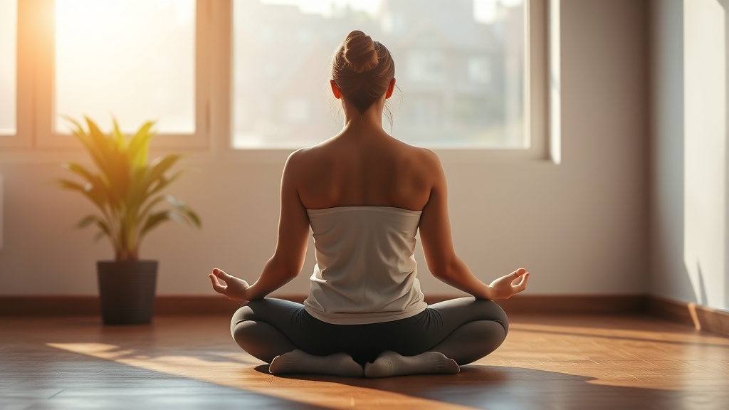 Personne en posture de méditation de dos, lumière matinale, pratique zen intérieure