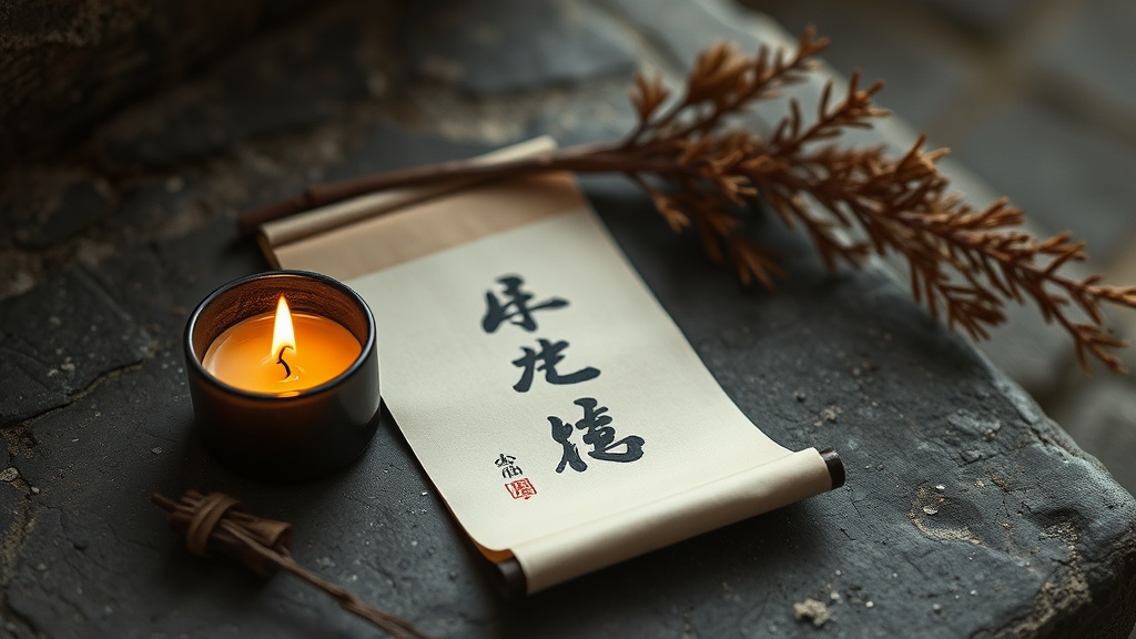 Rouleau de calligraphie japonaise posé sur une surface en pierre avec une bougie allumée, ambiance zen