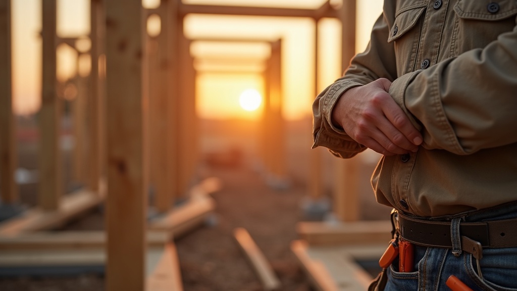 Men shirts work wear on a construction jobsite at dawn