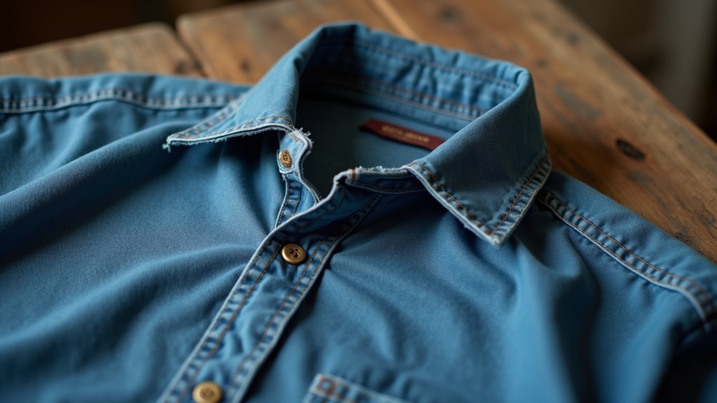 Frayed collar and blown seam on a worn-out work shirt