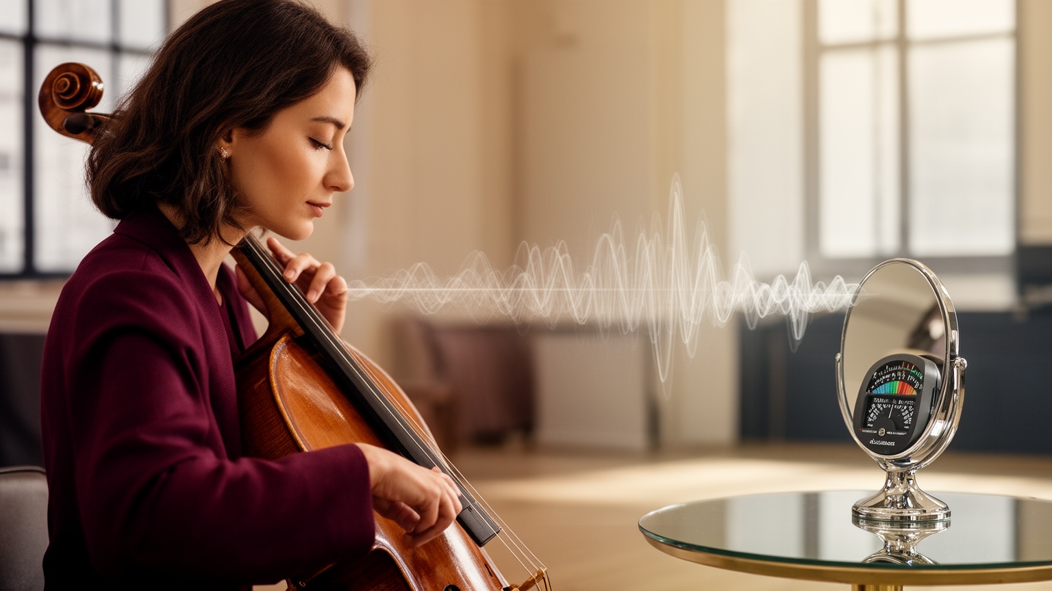 Violoncelle, accordeur et miroir symbolisant l’écoute du musicien