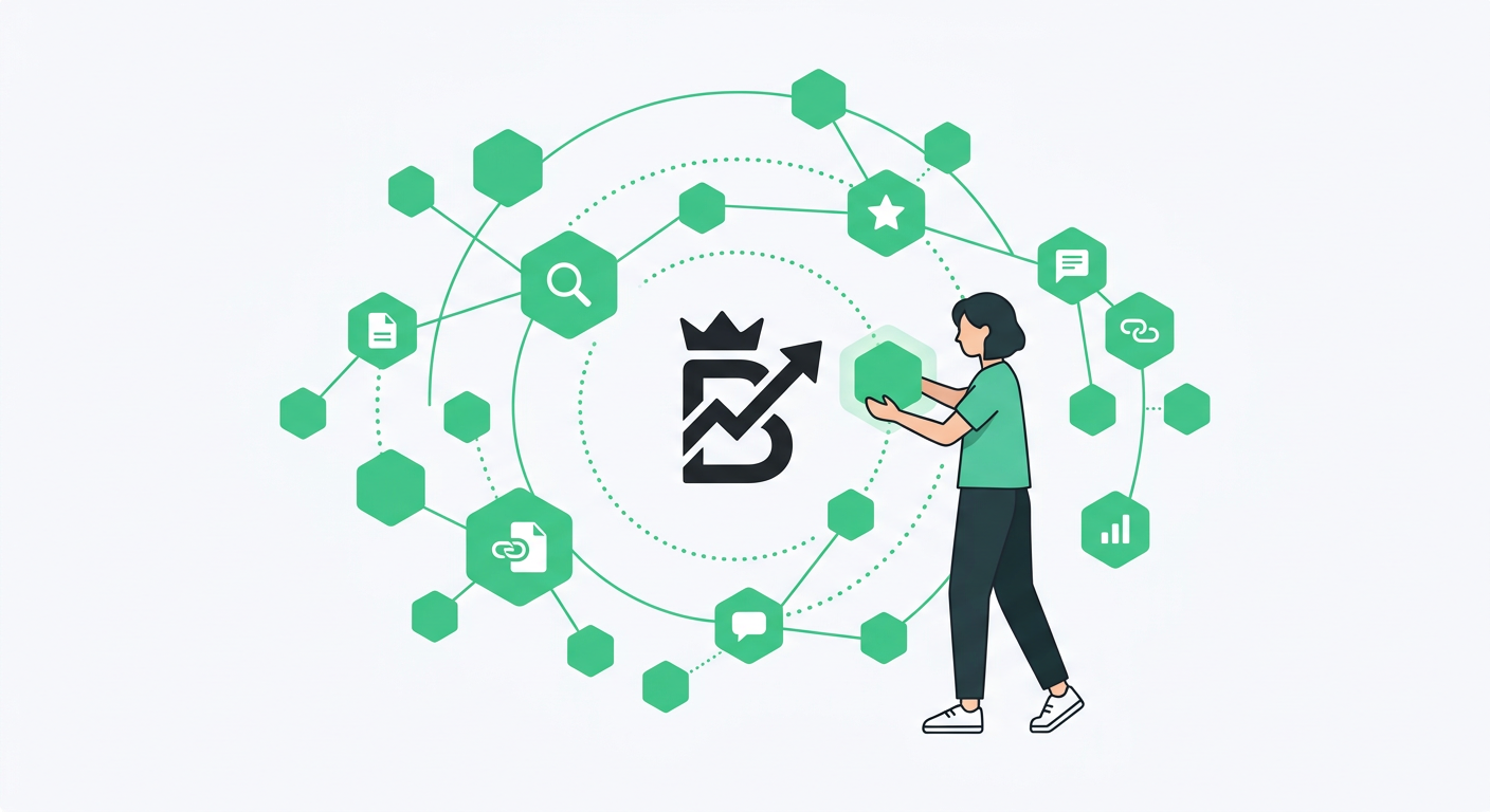 Minimal flat vector-style scene showing one person placing connected green nodes around a brand icon, representing entity ...