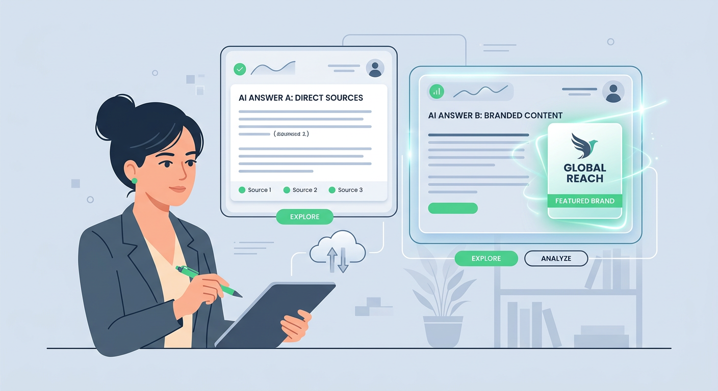 Modern flat vector-style illustration of one marketer reviewing two floating AI answer panels, one labeled with simple sou...