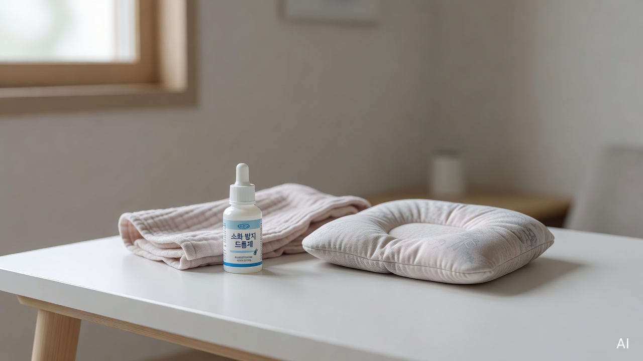baby care items including gas relief drops, soft burp cloth, and small pillow arranged on a white table
