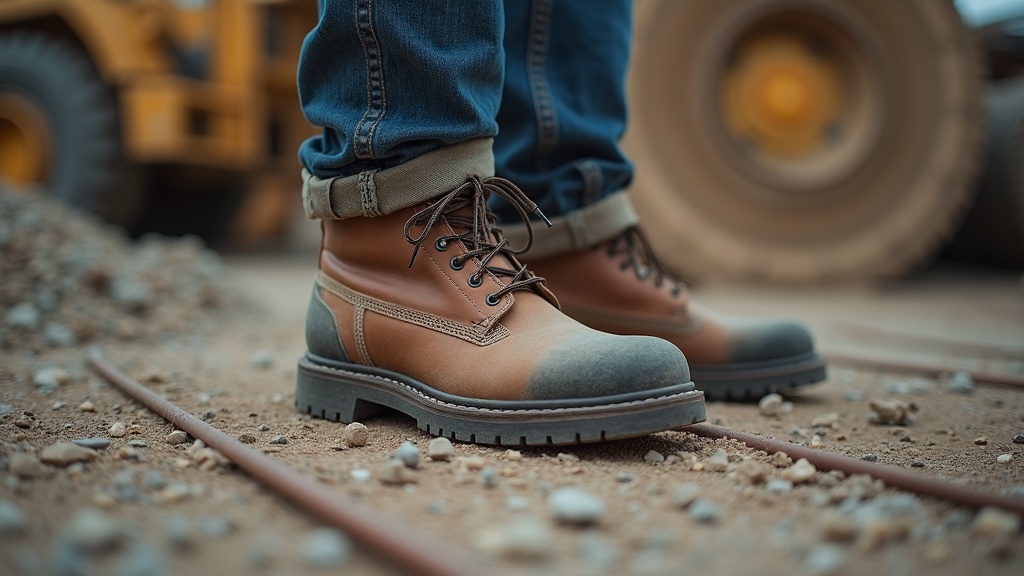 Steel-toed boot on a construction site with rebar on the ground