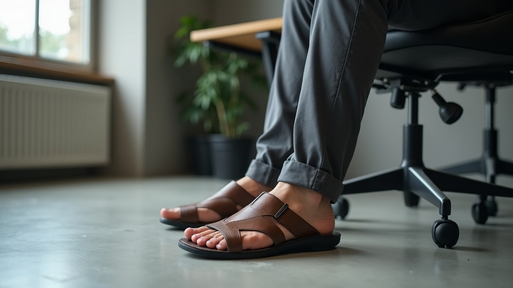 Business casual leather sandals worn at an office desk