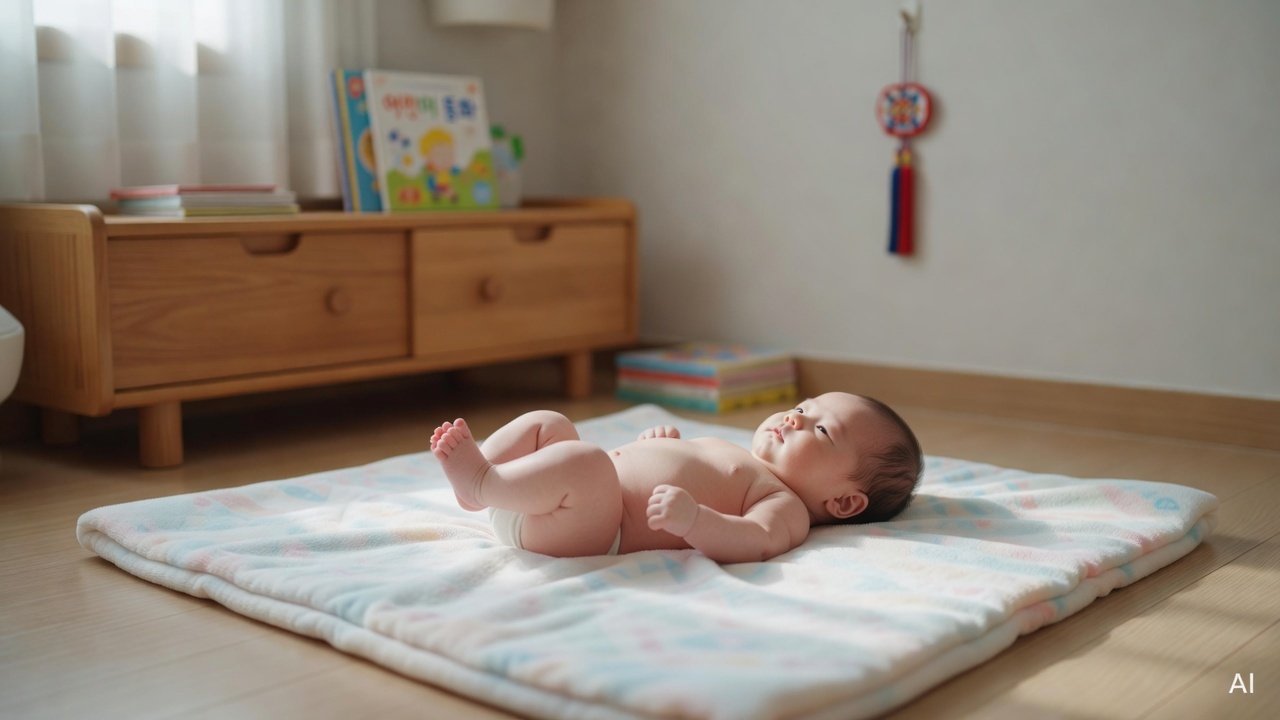 baby lying on a soft blanket with knees pulled toward belly, nursery room background