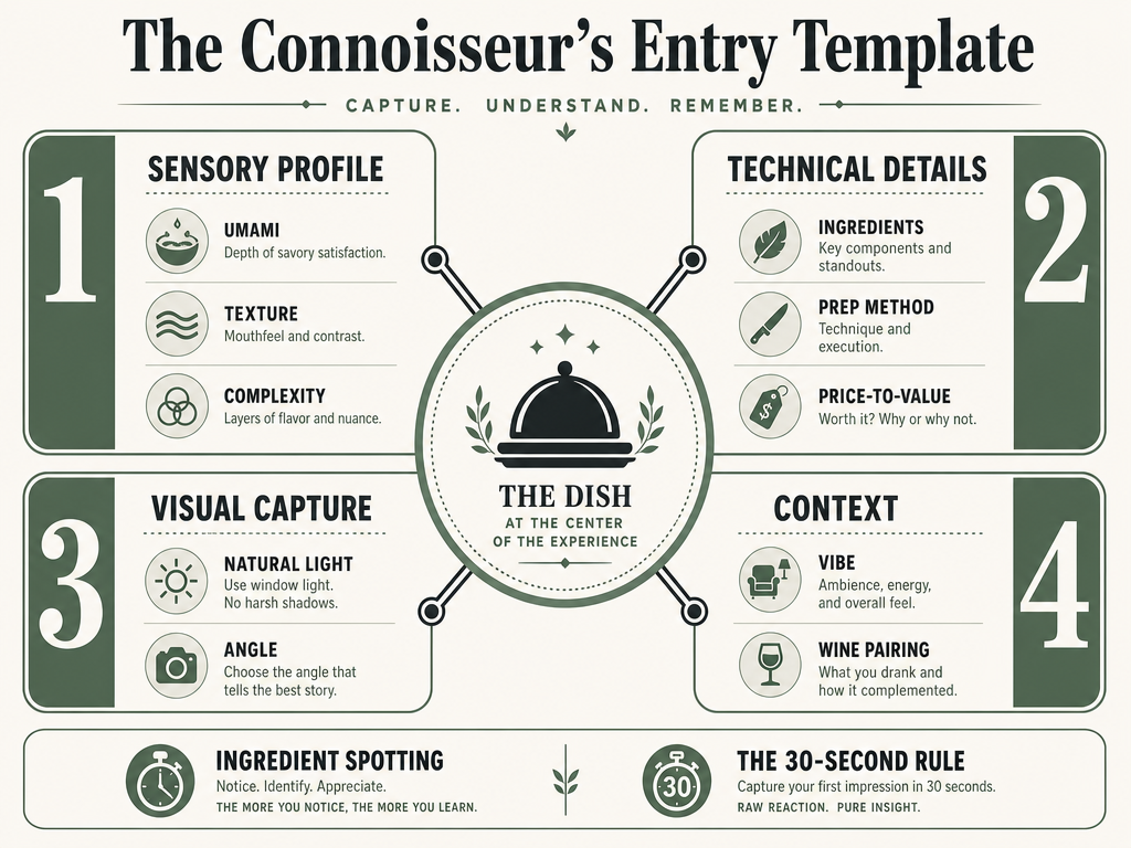 Infographic detailing the anatomy of a perfect restaurant dish log entry including sensory profiles, technical details, and context.
