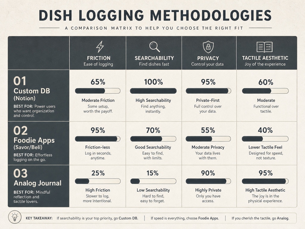 Comparison matrix of restaurant dish logging methods including analog journals, specialized foodie apps, and custom databases like Notion.