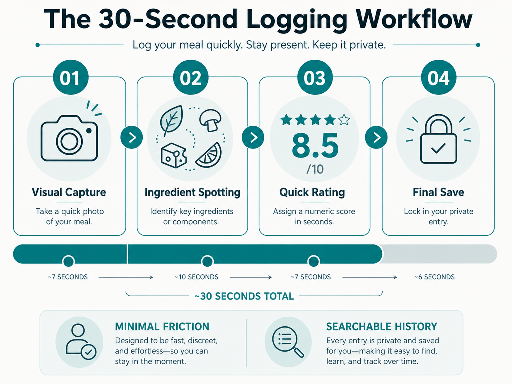 A four-step workflow diagram for the 30-second dish logging rule to ensure quick, efficient, and private food tracking during a meal.