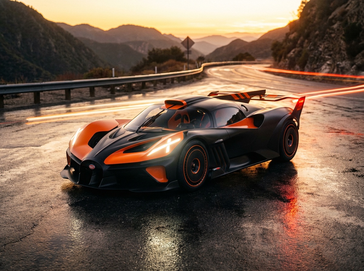 Hypercar sportive sur une route sinueuse au crépuscule