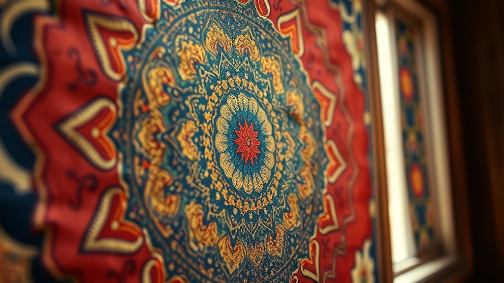 Détail d'une thangka tibétaine représentant un mandala des cinq bouddhas en couleurs traditionnelles