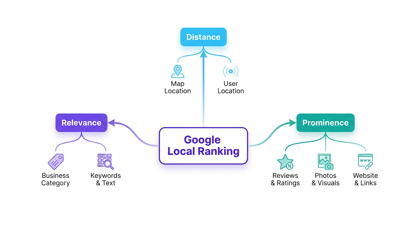 Mindmap diagram of Google local search ranking factors: Relevance, Distance, and Prominence