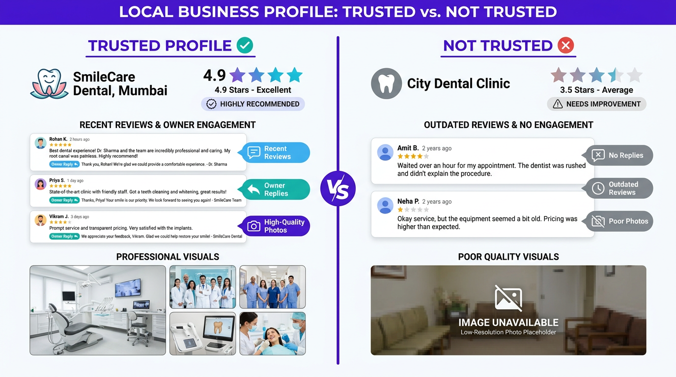 Trusted vs untrusted Google Business Profile comparison showing reviews and photos