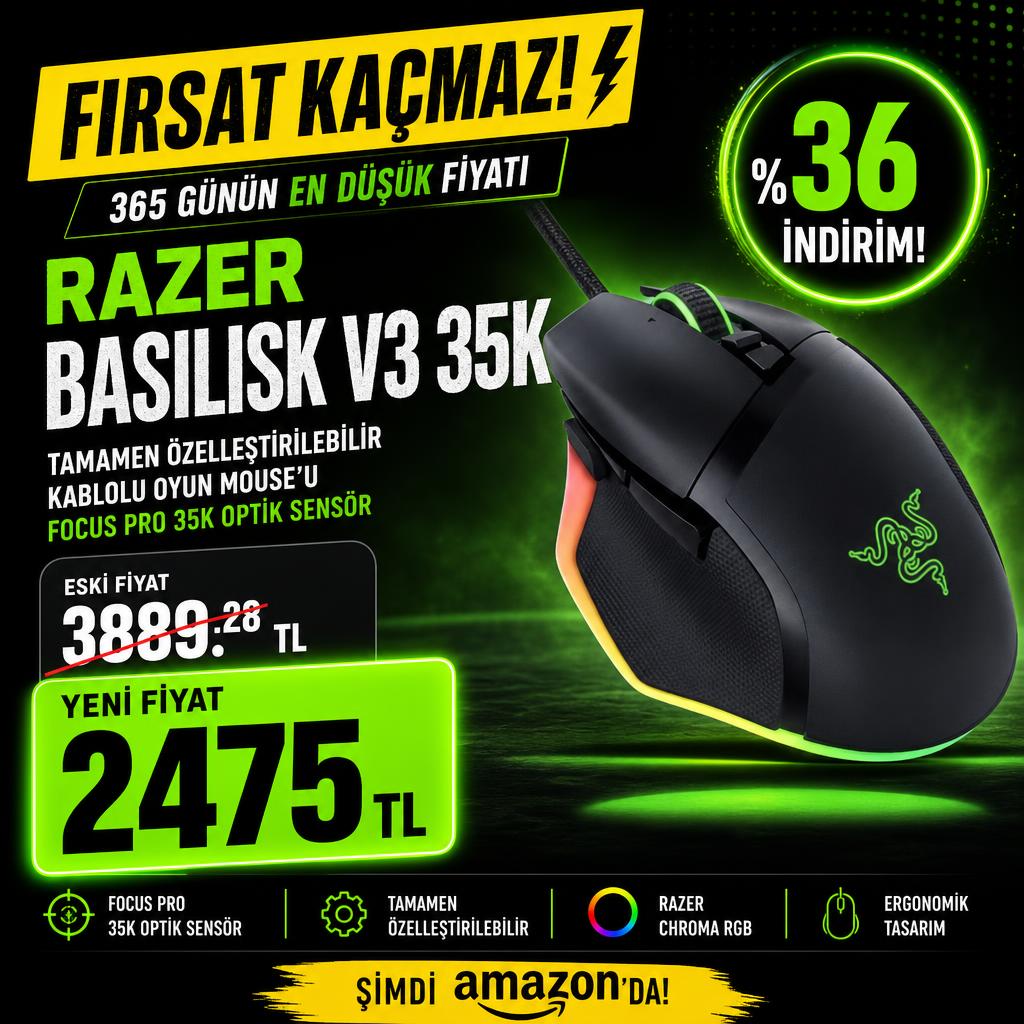Razer Basilisk V3 35K - Tamamen Özelleştirilebilir Kablolu Oyun Mouse'u - Focus Pro 35K Optik Sensör