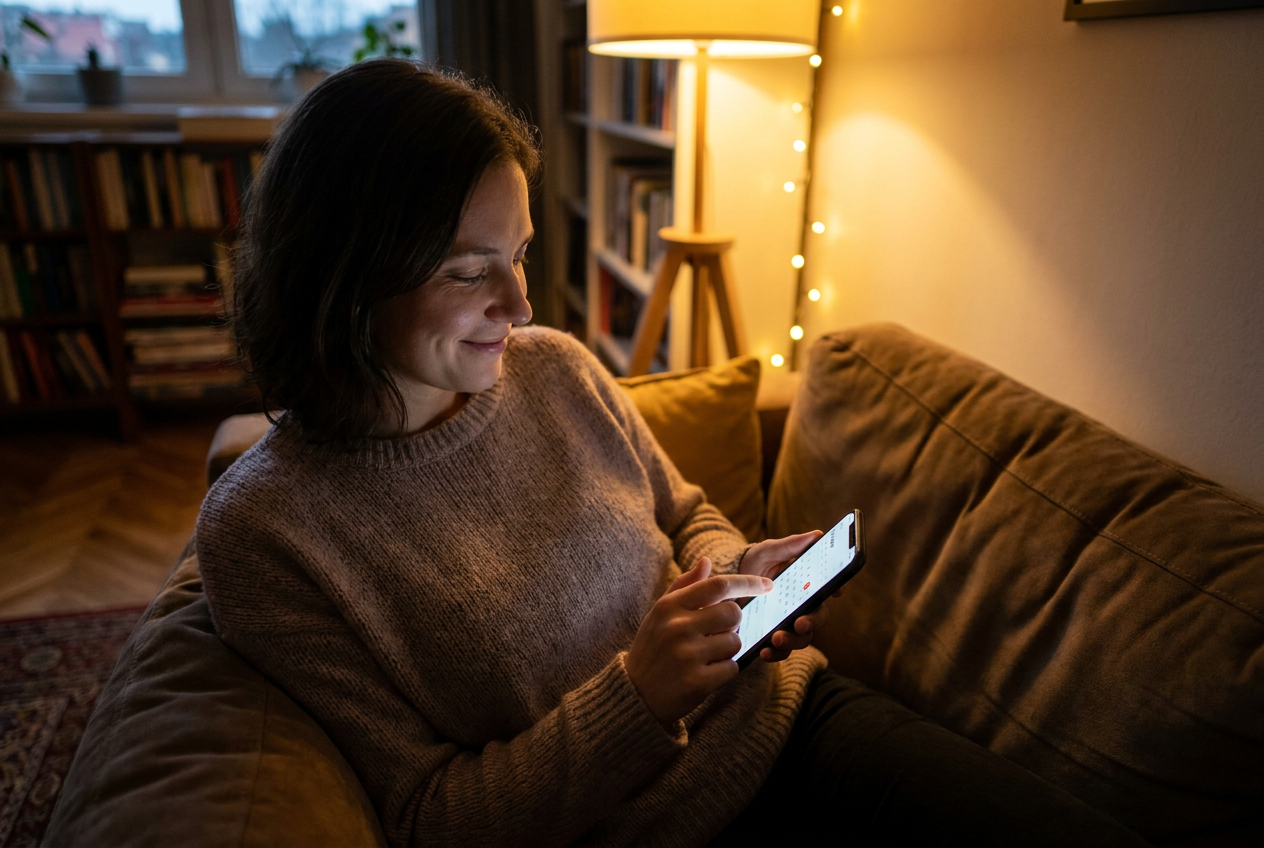 Ontspannen cliënt maakt thuis in de avond een afspraak bij de notaris via de smartphone