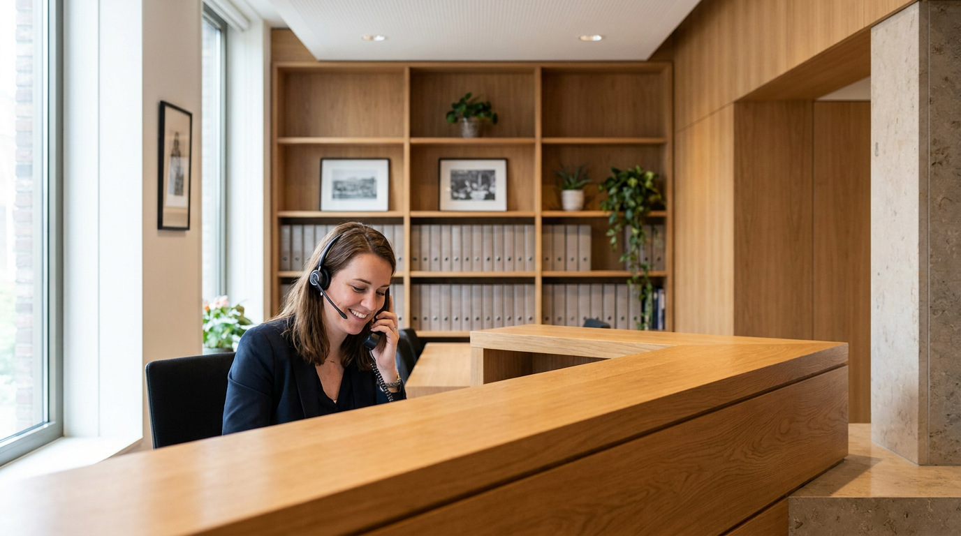Vriendelijke receptioniste met headset beantwoordt de telefoon aan de balie van een modern notariskantoor